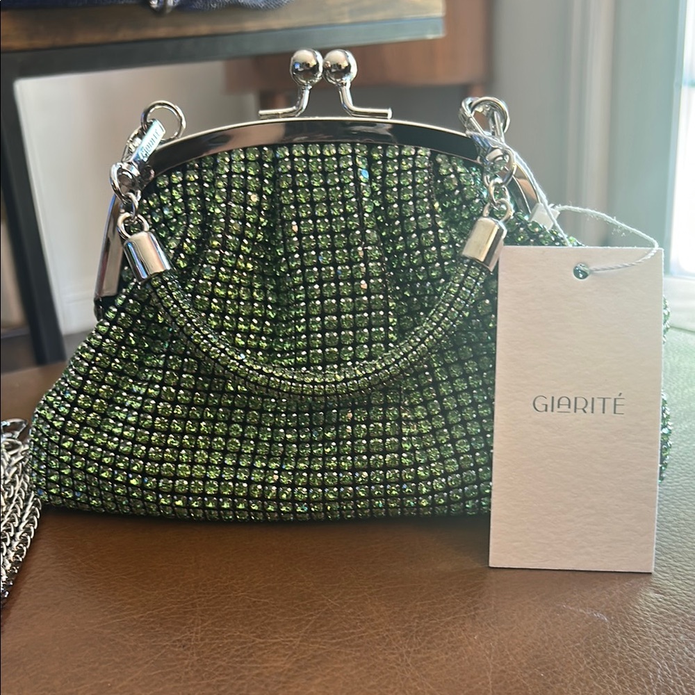 Green Crocodile-Embossed Clutch with Silver Frame